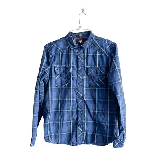 Rock & Republic Mens Stretch Plaid Long Sleeve Button Down Shirt Blue Large - Picture 1 of 8